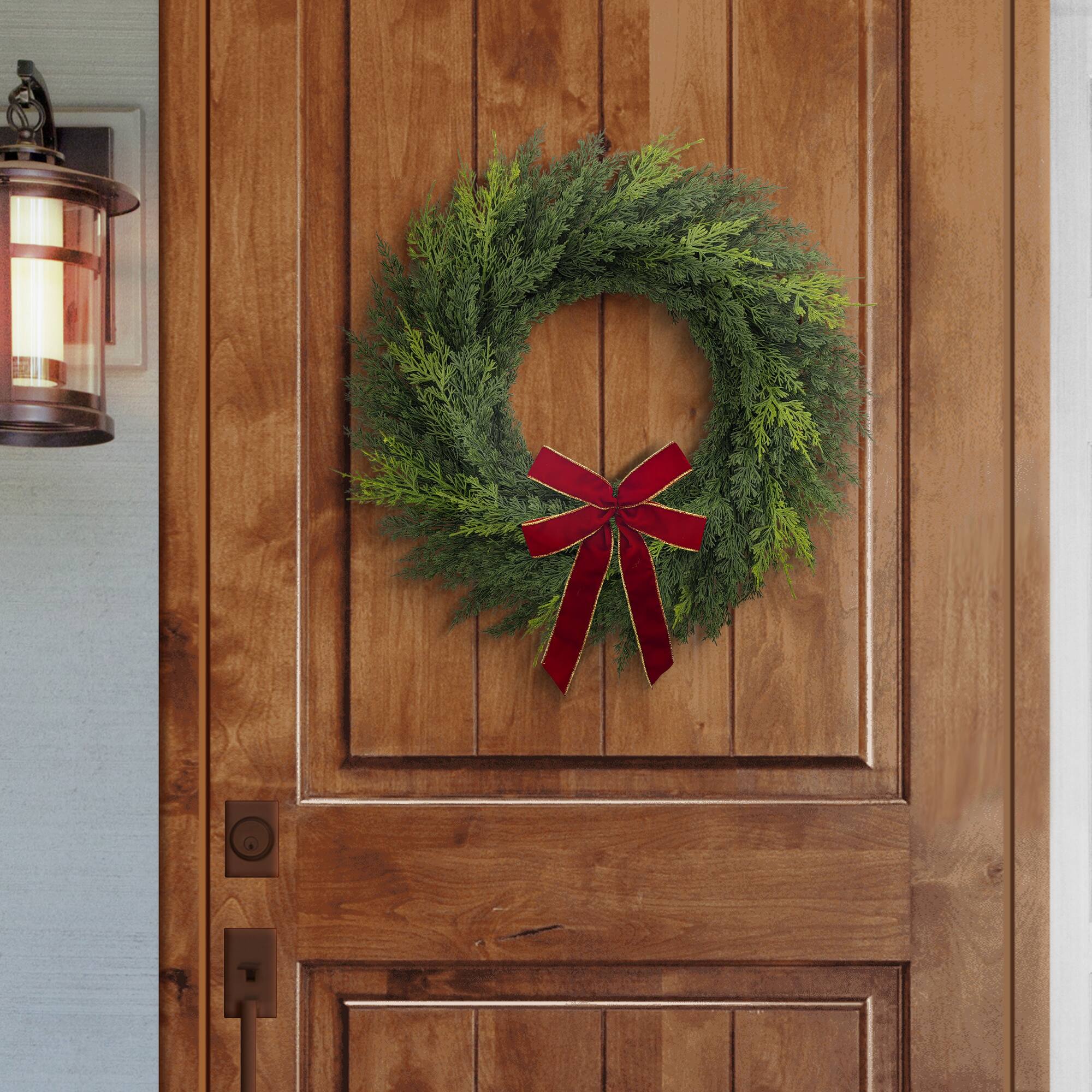 22" Artificial PE Cypress Christmas Wreath with Bow
